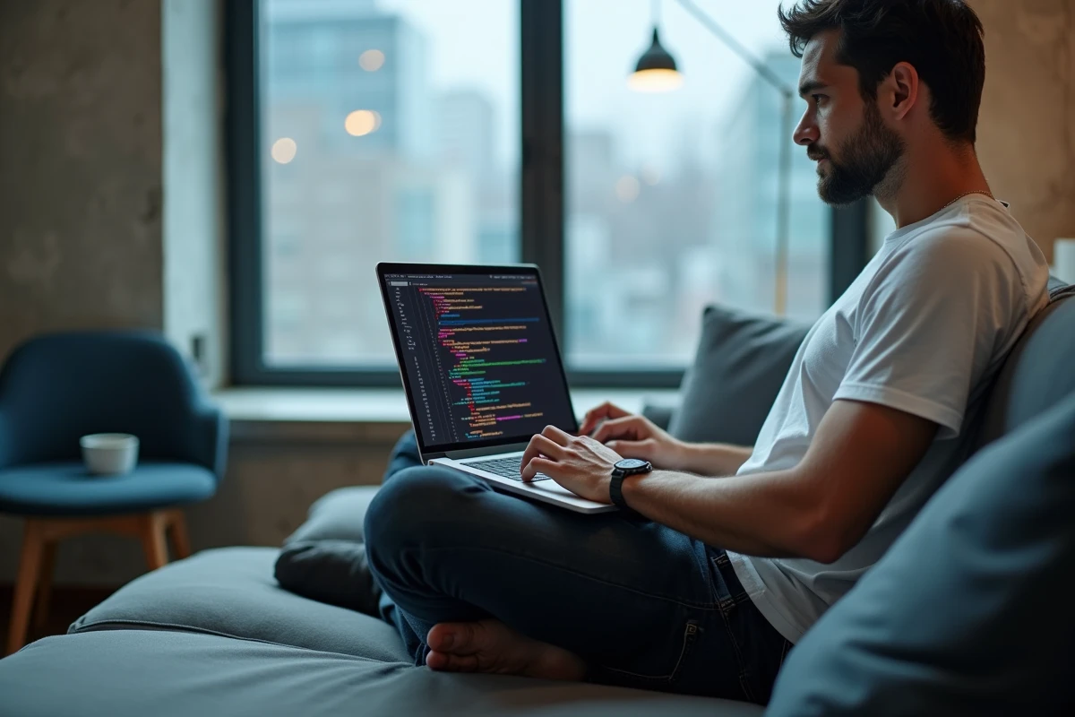 Homme adulte apprenant le code HTML dans un appartement moderne avec un éditeur de texte ouvert