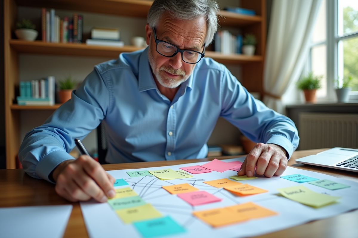 Homme organisant notes colorées sur table de travail
