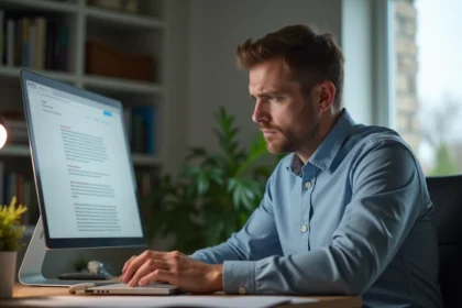 Homme d'âge moyen au bureau regardant son ordinateur