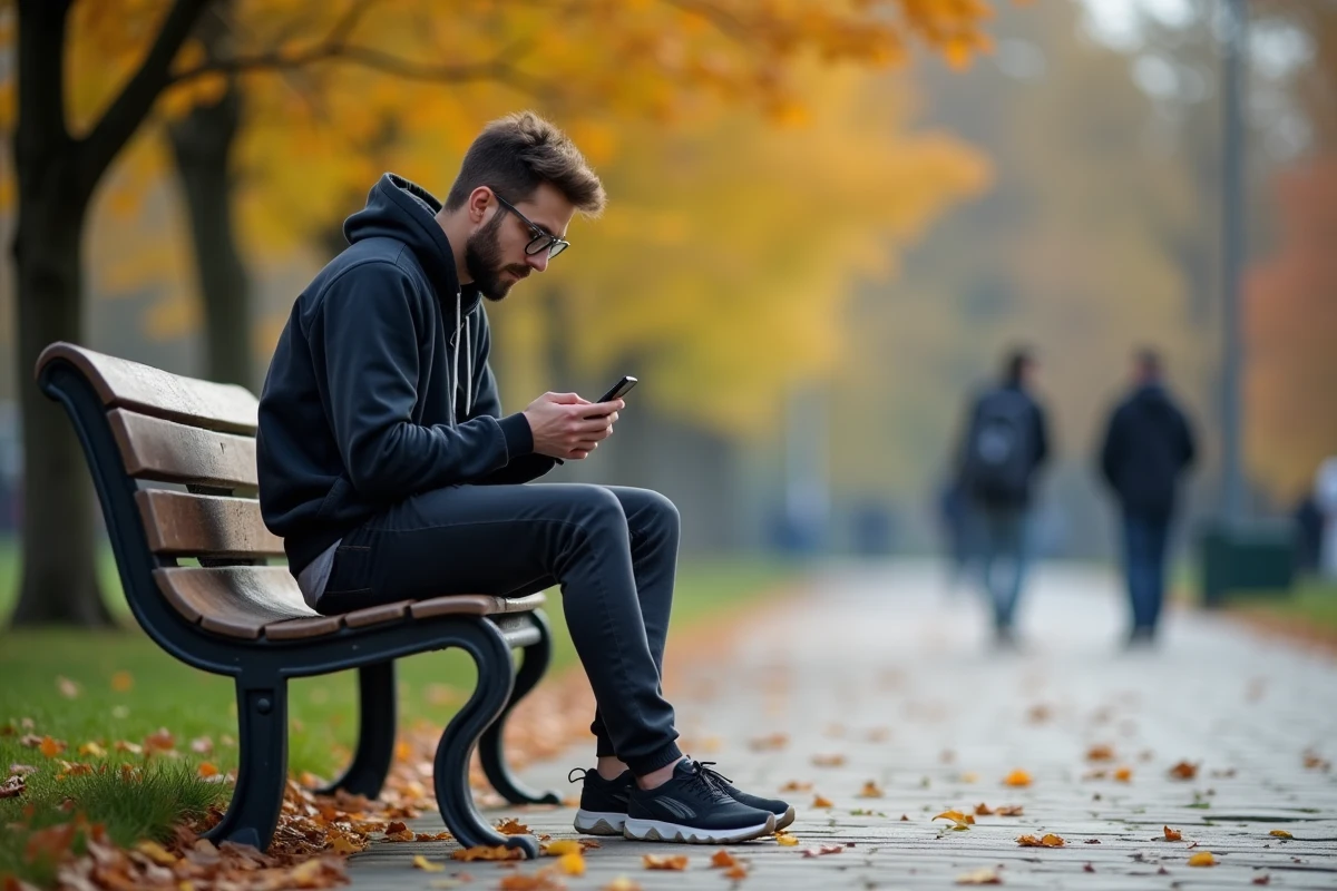 Homme dans un parc urbain utilisant son smartphone