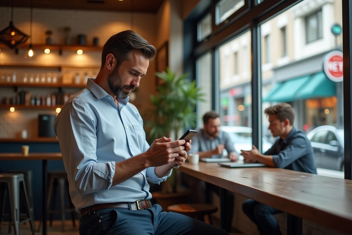 Homme d age moyen naviguant sur smartphone dans un café animé