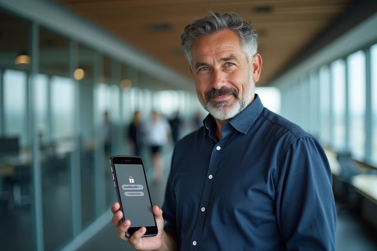 Homme consultant l'enregistrement automatique de mot de passe sur Google Chrome via son smartphone au bureau