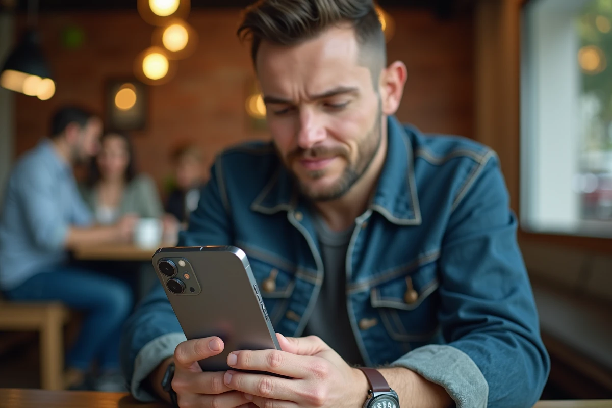 Homme comparant les prix d'iPhone 14 Pro reconditionnés dans un café urbain