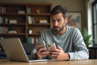 Homme comparant un iPhone 15 et un smartphone Android à son bureau, test de changement depuis Android