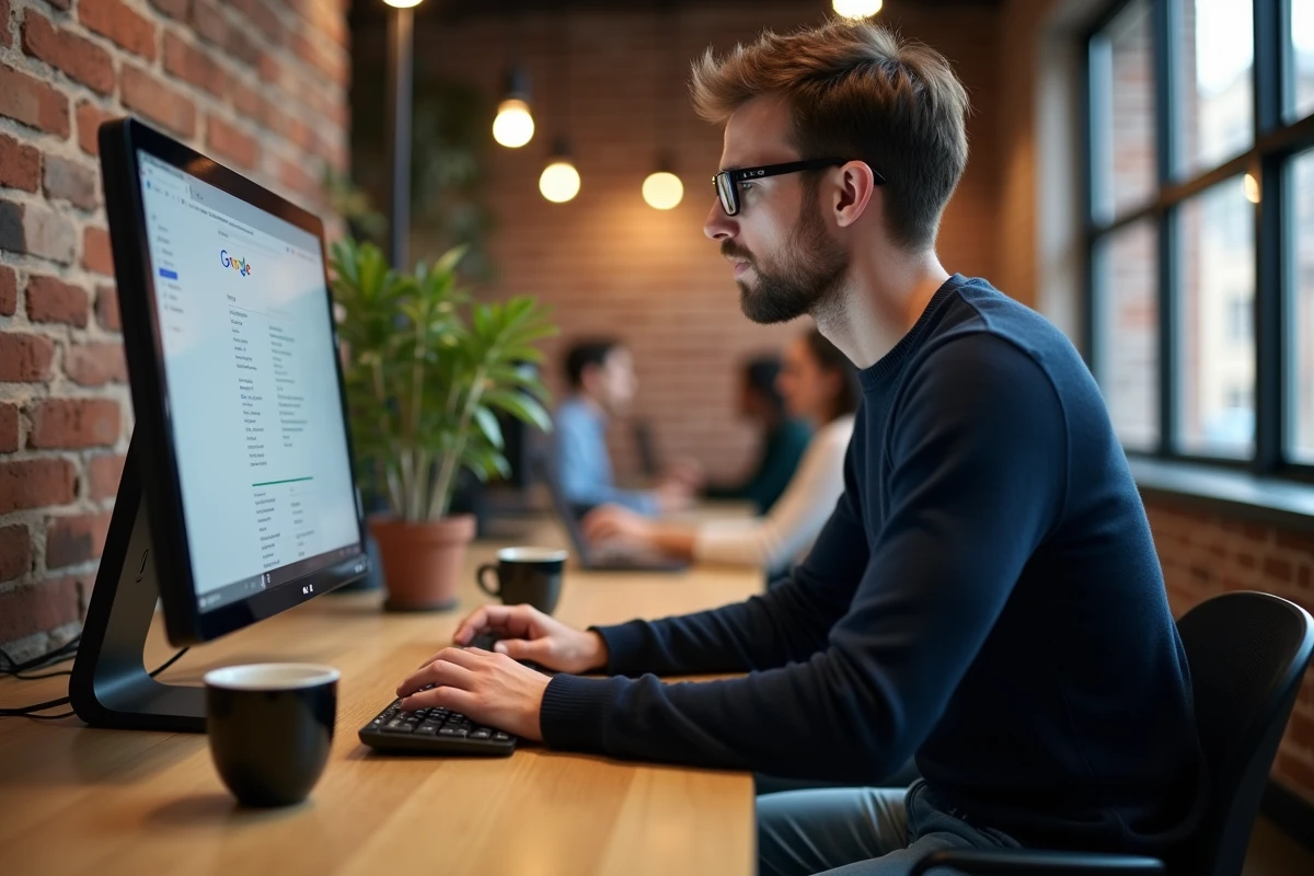 Homme consultant les offres d'emploi américaines sur Google dans un espace de coworking moderne