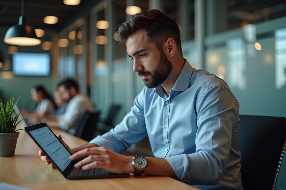 Homme d age moyen utilisant un tablet dans un espace coworking