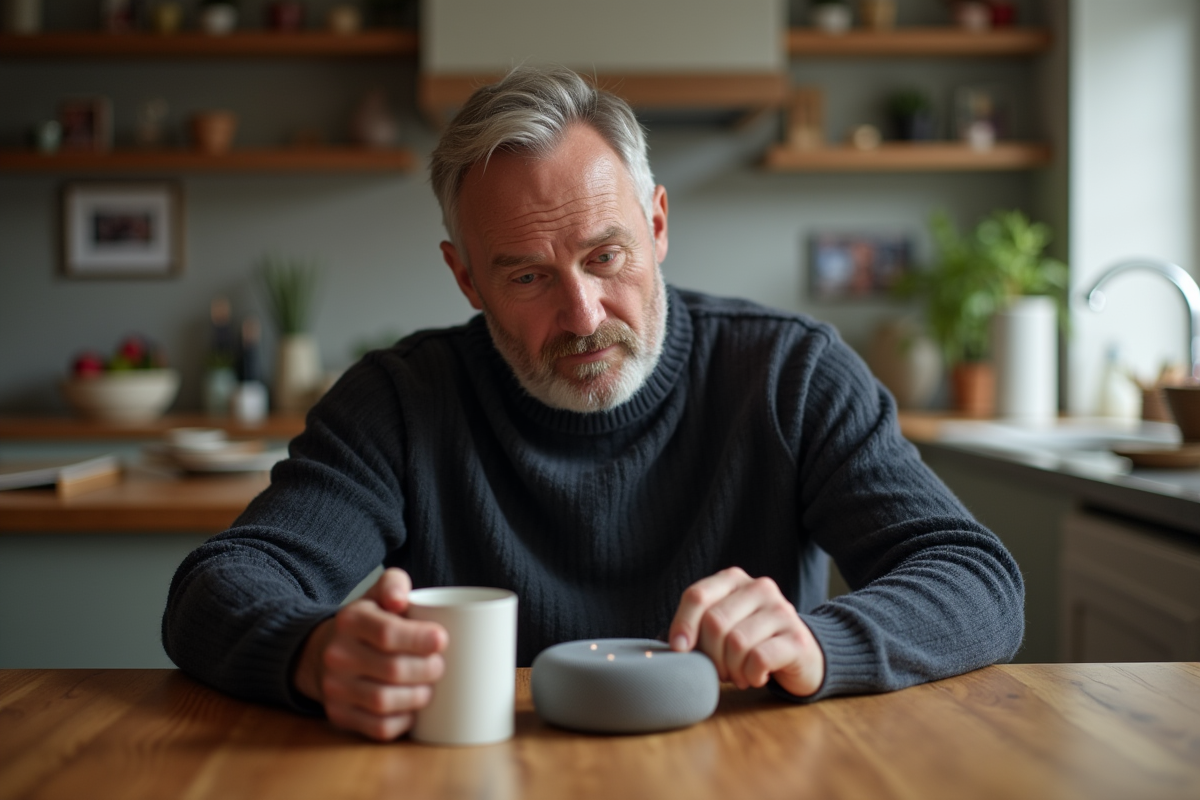 Homme d age utilisant un assistant vocal à la maison