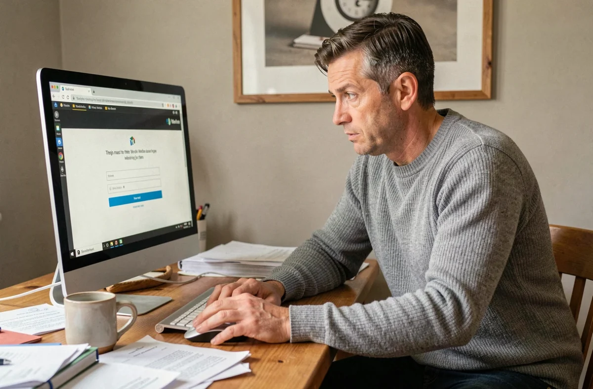 Homme à domicile face à un message d'erreur de connexion sur le webmail académique normand