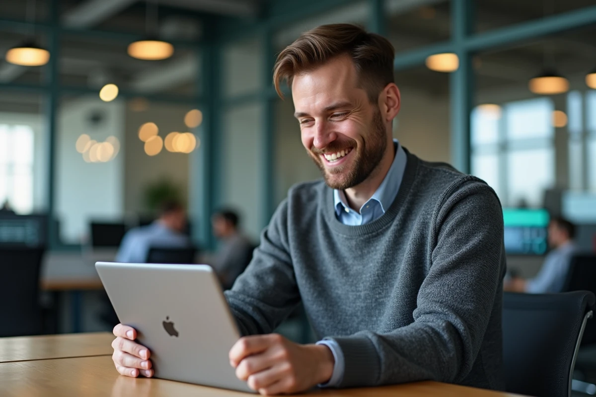 Homme vérifiant une connexion sécurisée sur sa tablette au bureau