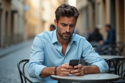 Homme à l'étranger consultant son espace client Réglo Mobile sur smartphone depuis une terrasse de café européenne