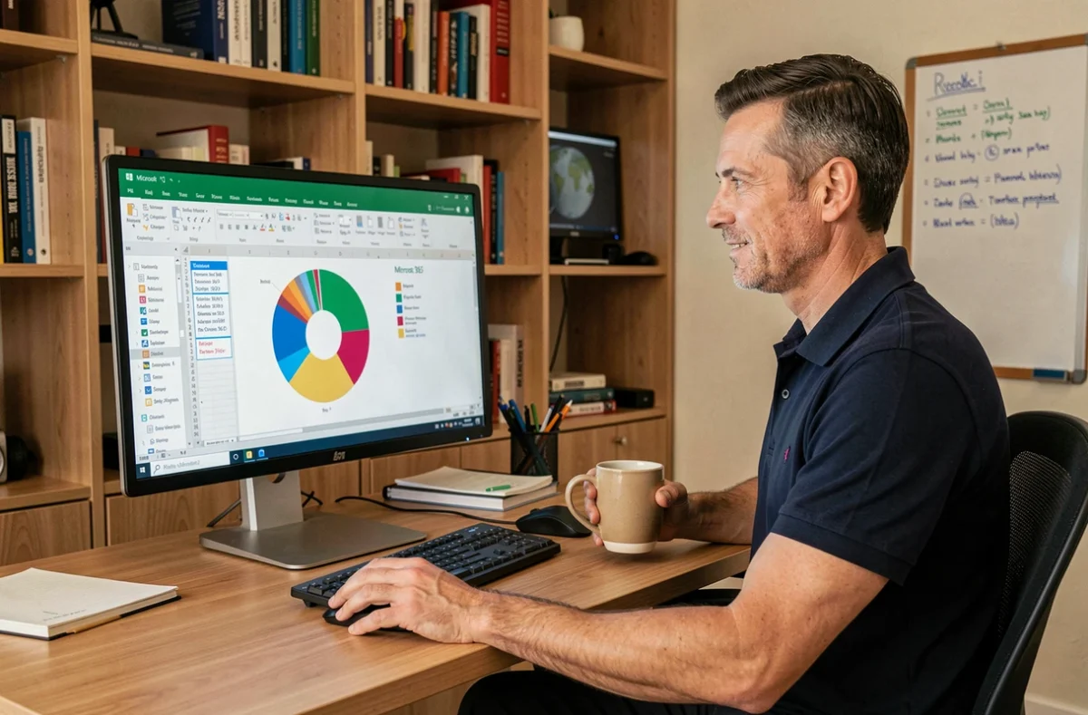 Homme utilisant Microsoft 365 pour créer un diagramme camembert dans Excel sur grand écran