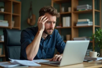 Homme frustré devant son ordinateur portable consultant sa boîte mail Gmail avec une expression d'inquiétude