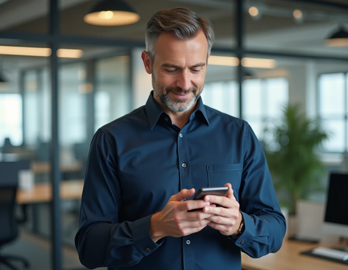 Homme consultant plusieurs boîtes mail sur smartphone dans un bureau open space professionnel