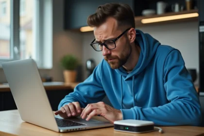 Homme vérifiant son modem internet dans une cuisine moderne