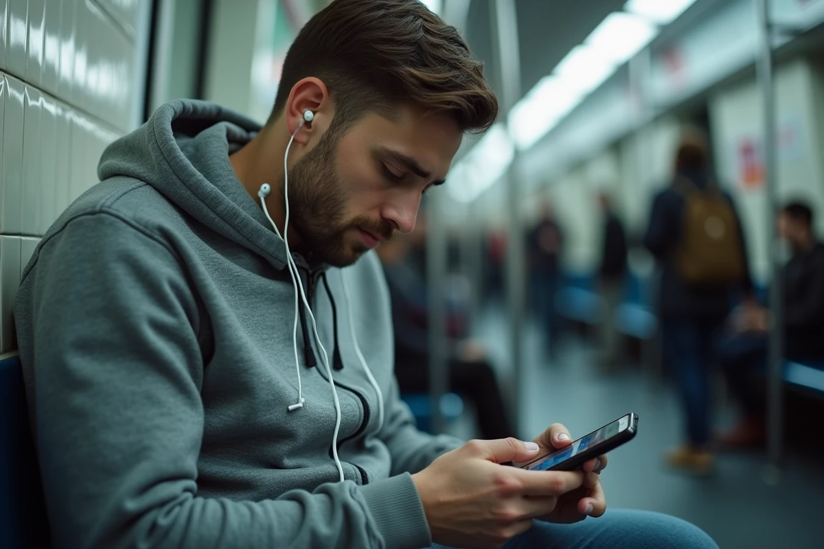 Homme consultant les paramètres musicaux de son iPhone dans le métro, contexte légal des sonneries personnalisées