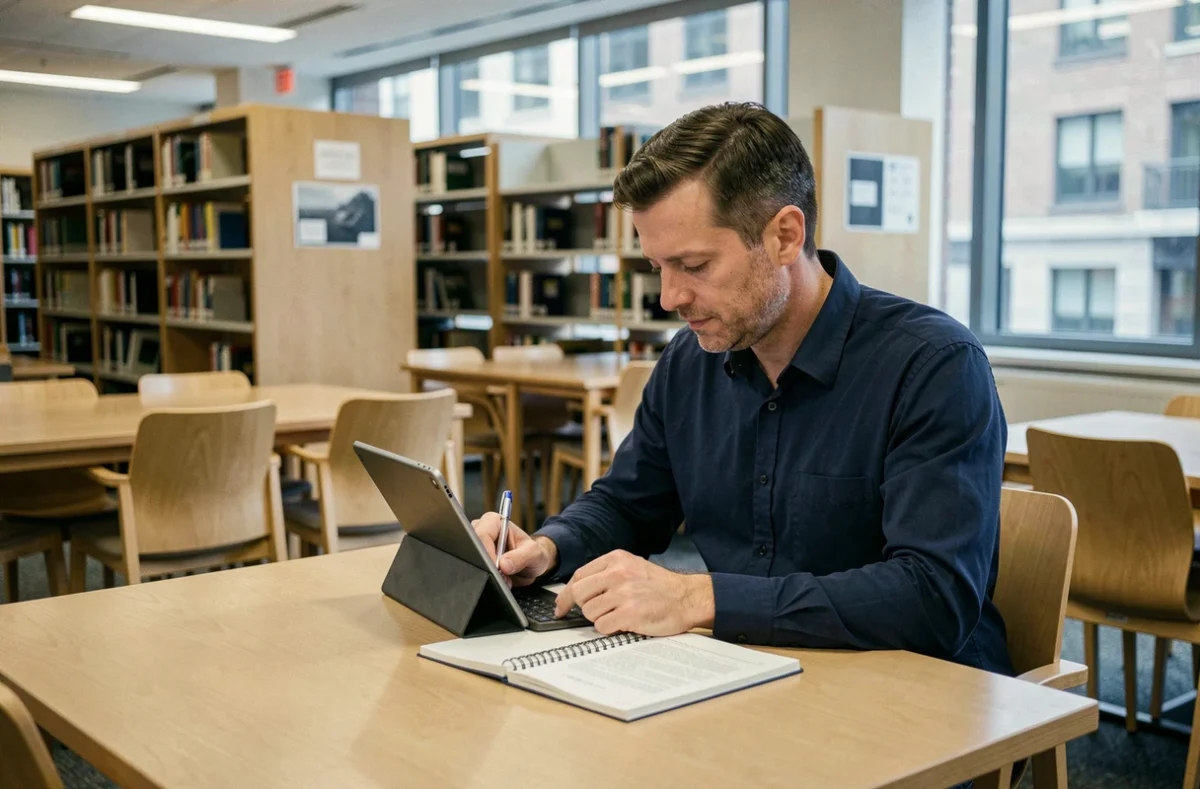 Homme adulte lisant un cours d'informatique débutant en PDF sur une tablette dans une bibliothèque publique avec prise de notes manuscrites