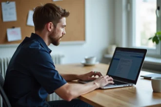 Homme concentré sur son ordinateur pour télécharger Windows 7