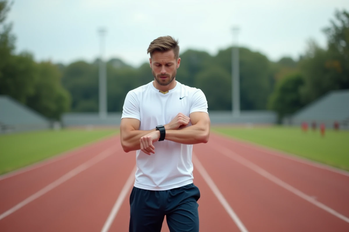 Jeune homme consultant sa montre connectée sur une piste d'athlétisme après un test de condition physique PCS