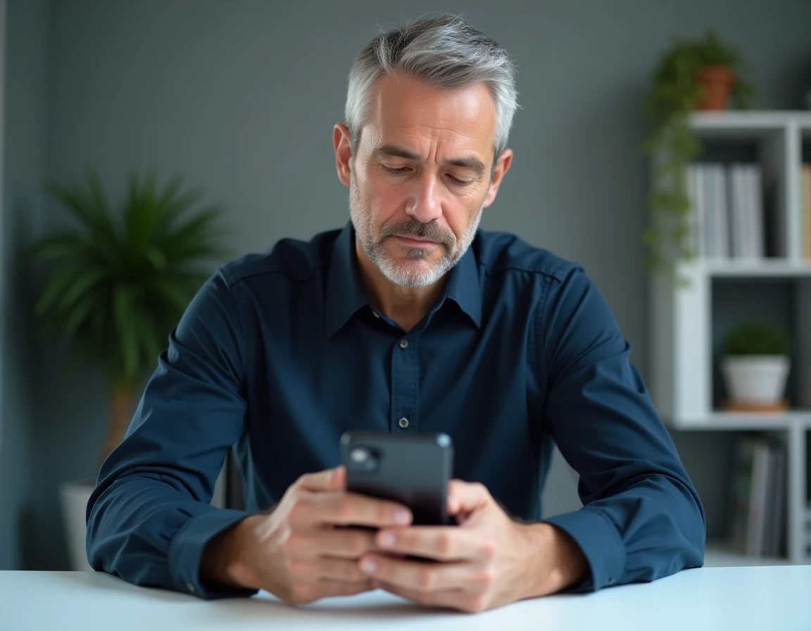 Homme consultant les paramètres du presse-papier sur un iPhone dans un bureau à domicile