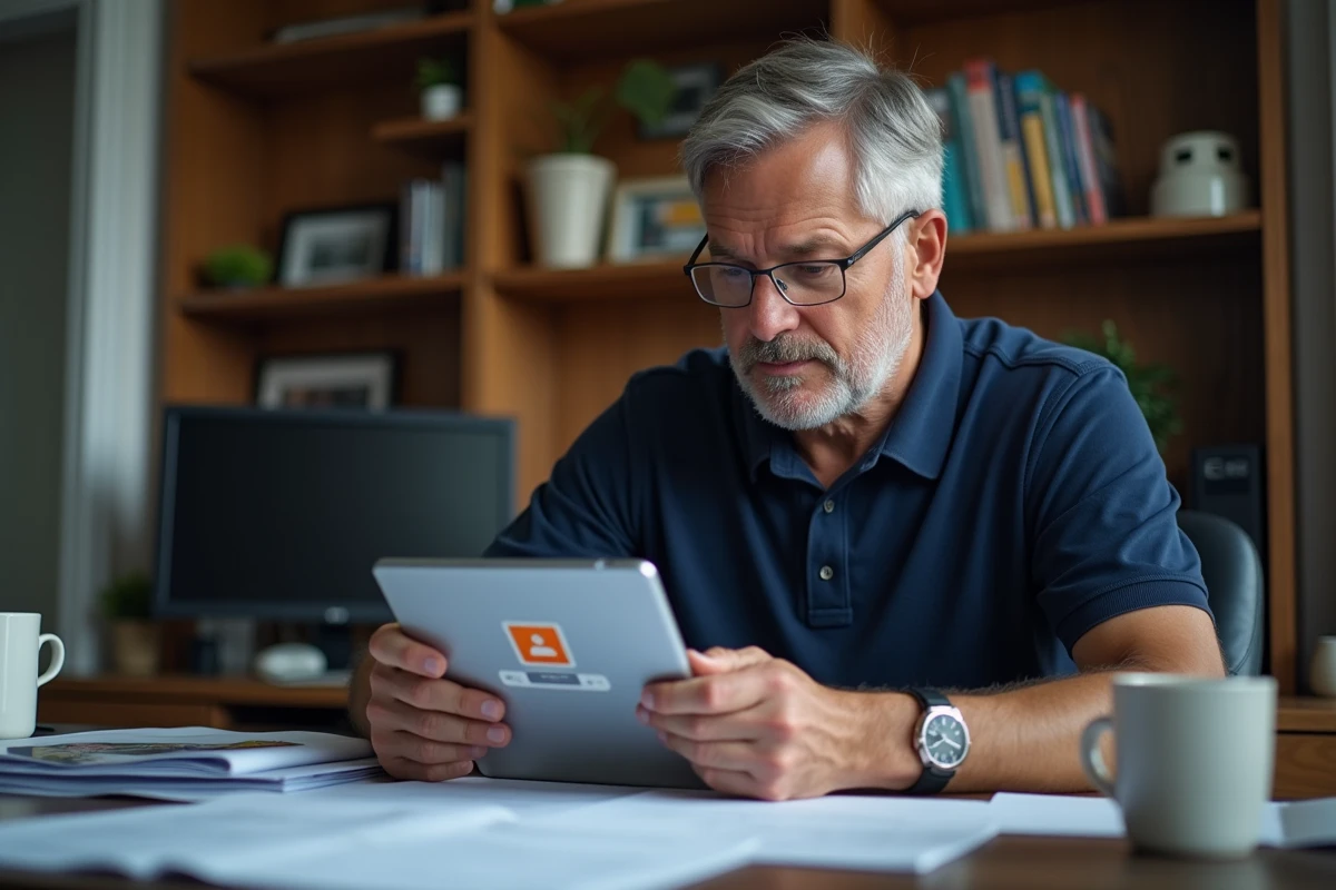 Homme d'âge mûr inspectant une tablette avec un problème de connexion au portail Orange dans un bureau à domicile