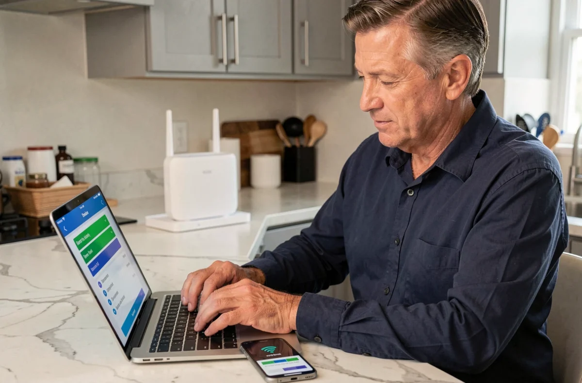 Homme recherchant la clé de sécurité réseau Wi-Fi sur ordinateur portable et smartphone dans une cuisine moderne