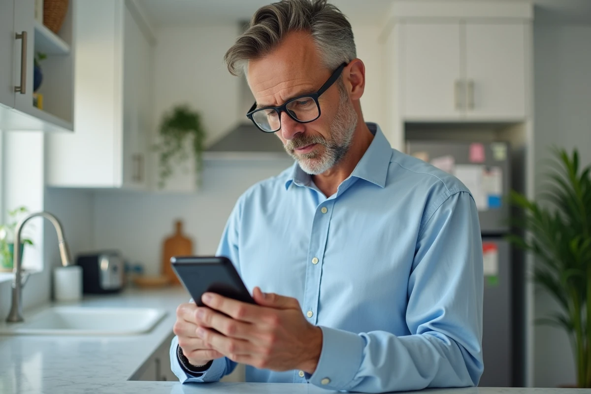 Homme consultant un email de récupération de mot de passe ENT sur son smartphone dans la cuisine