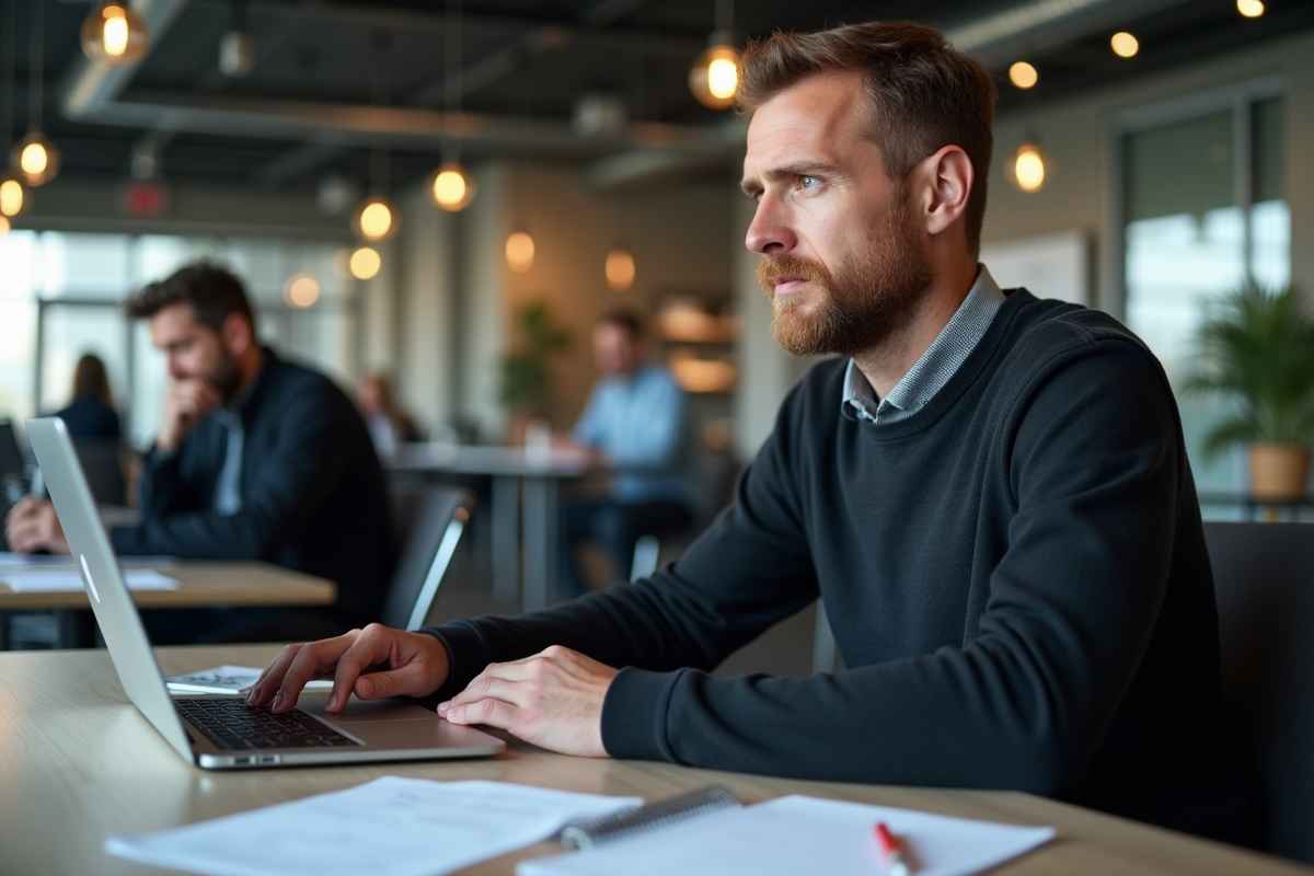Homme réfléchissant en replayant une interview sur son laptop