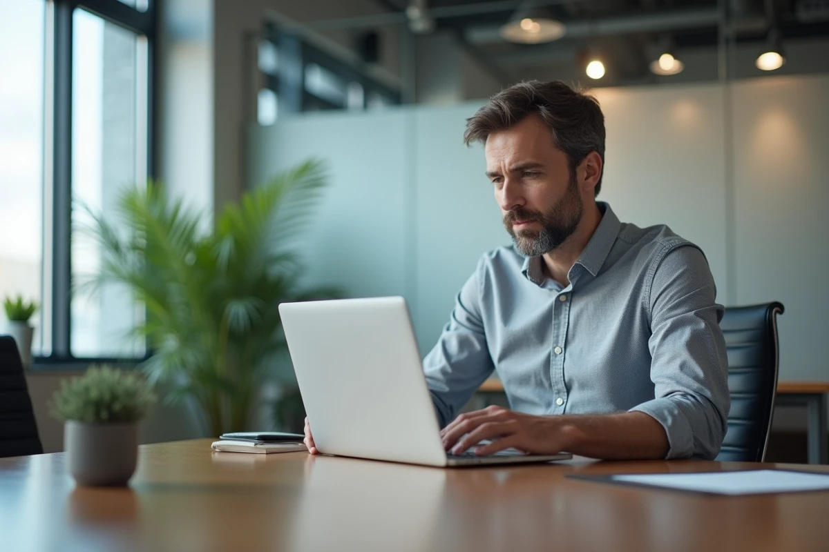 Homme d affaires vérifiant un dossier numérique sur son laptop
