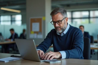 Homme d'âge moyen travaillant sur un ordinateur dans un bureau moderne
