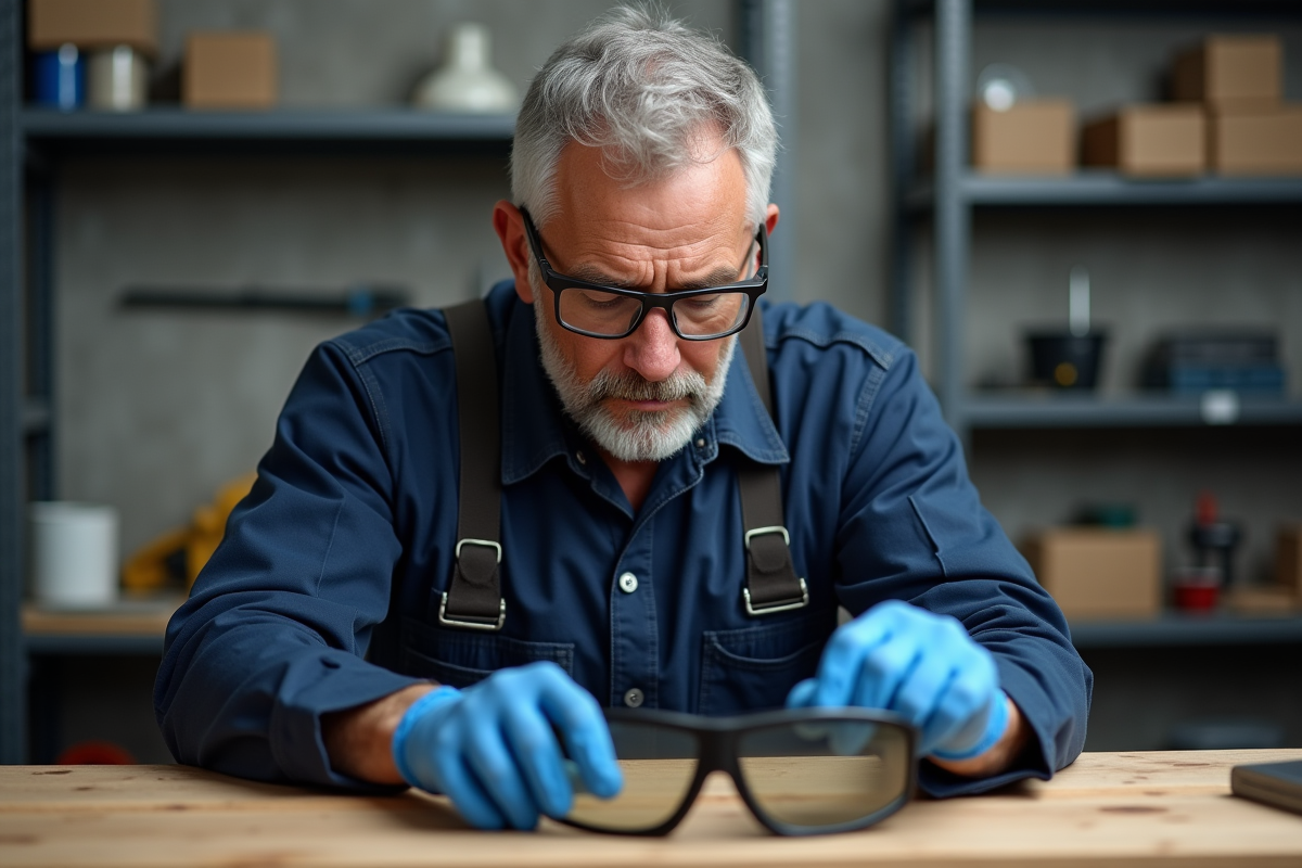 Homme en tenue de travail inspectant des lunettes de sécurité