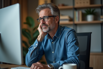 Homme d'âge moyen vérifiant la sécurité informatique à son bureau
