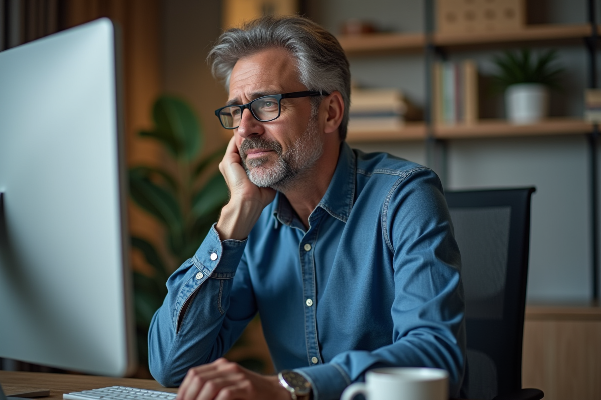 Homme d'âge moyen vérifiant la sécurité informatique à son bureau