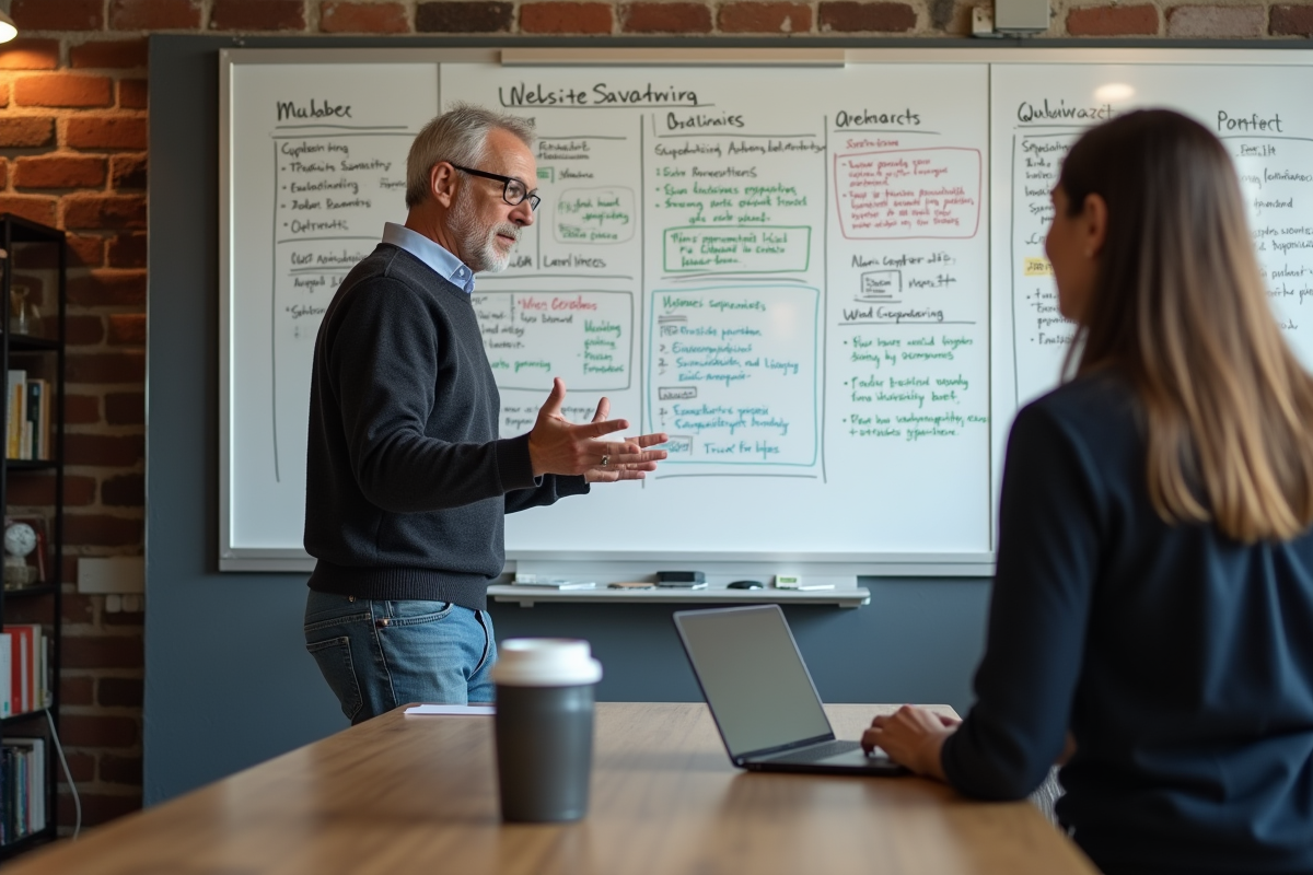 Homme discutant devant un tableau blanc avec notes de strategie web