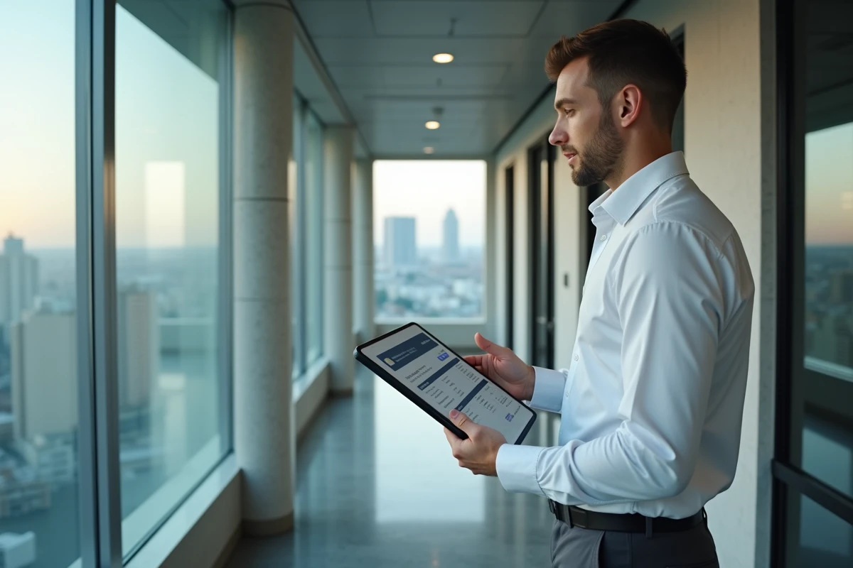 Un homme tenant une tablette avec une application de gestion documentaire dans un couloir d'entreprise moderne