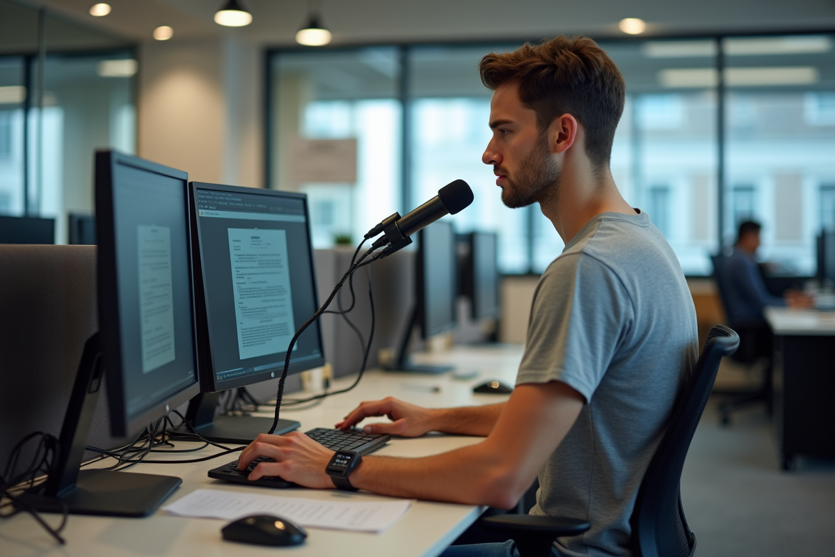 Jeune homme utilisant la dictée vocale au bureau professionnel