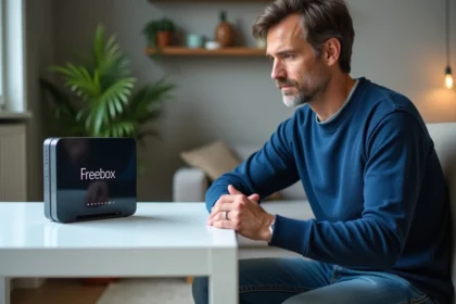Homme concentré vérifiant une Freebox avec erreur dans un salon moderne