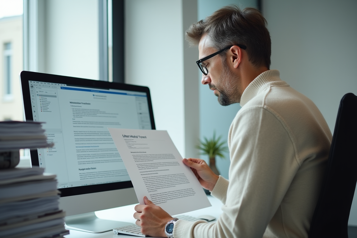 Homme vérifiant un PDF imprimé dans un bureau moderne