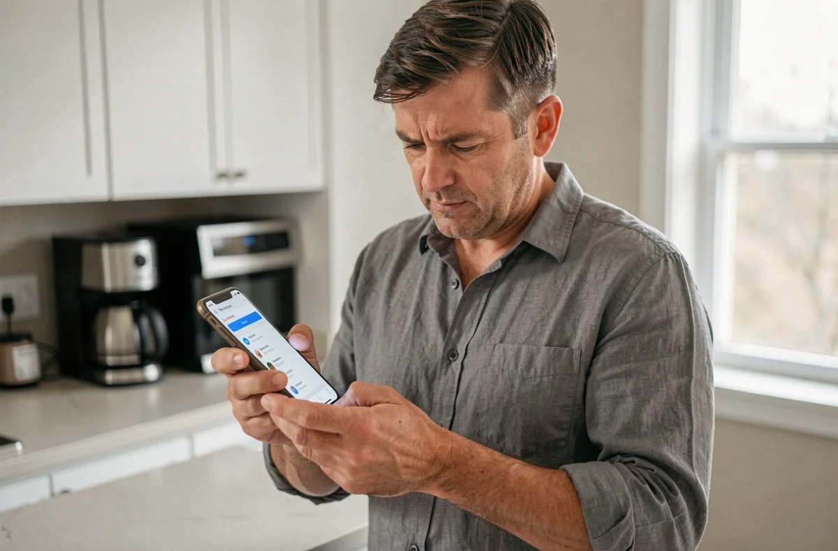 Homme vérifiant les données personnelles collectées par Google sur son smartphone dans une cuisine
