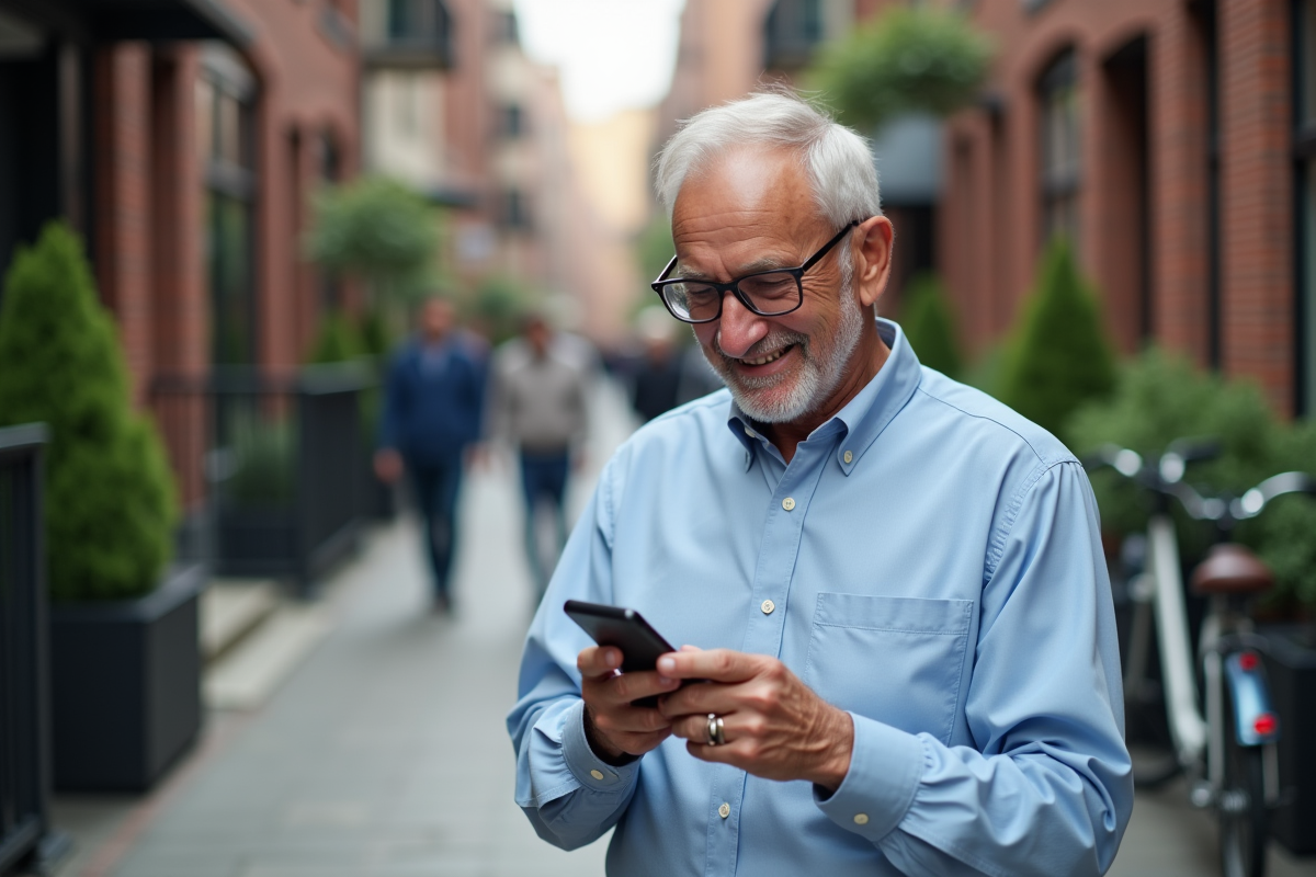 Homme âgé utilisant son téléphone dans la rue urbaine