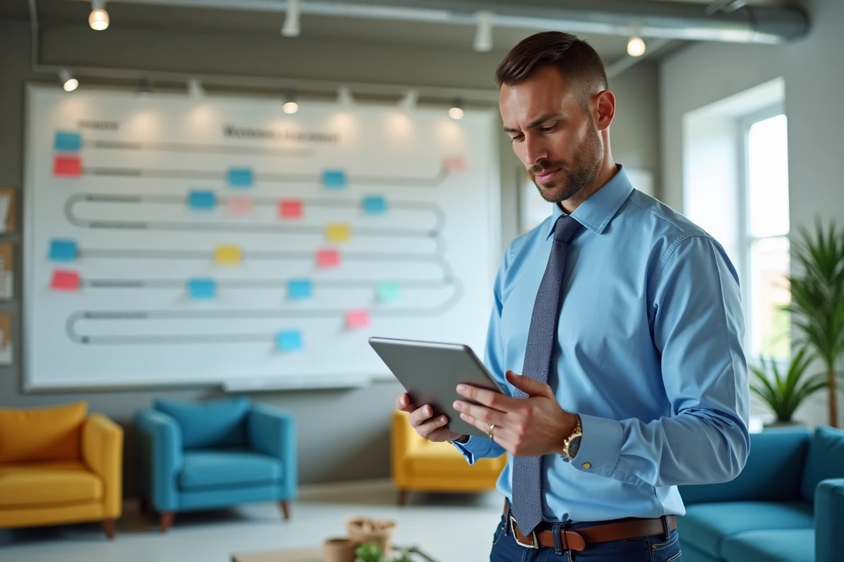 Homme en réunion vérifiant ses dossiers email dans un espace de travail