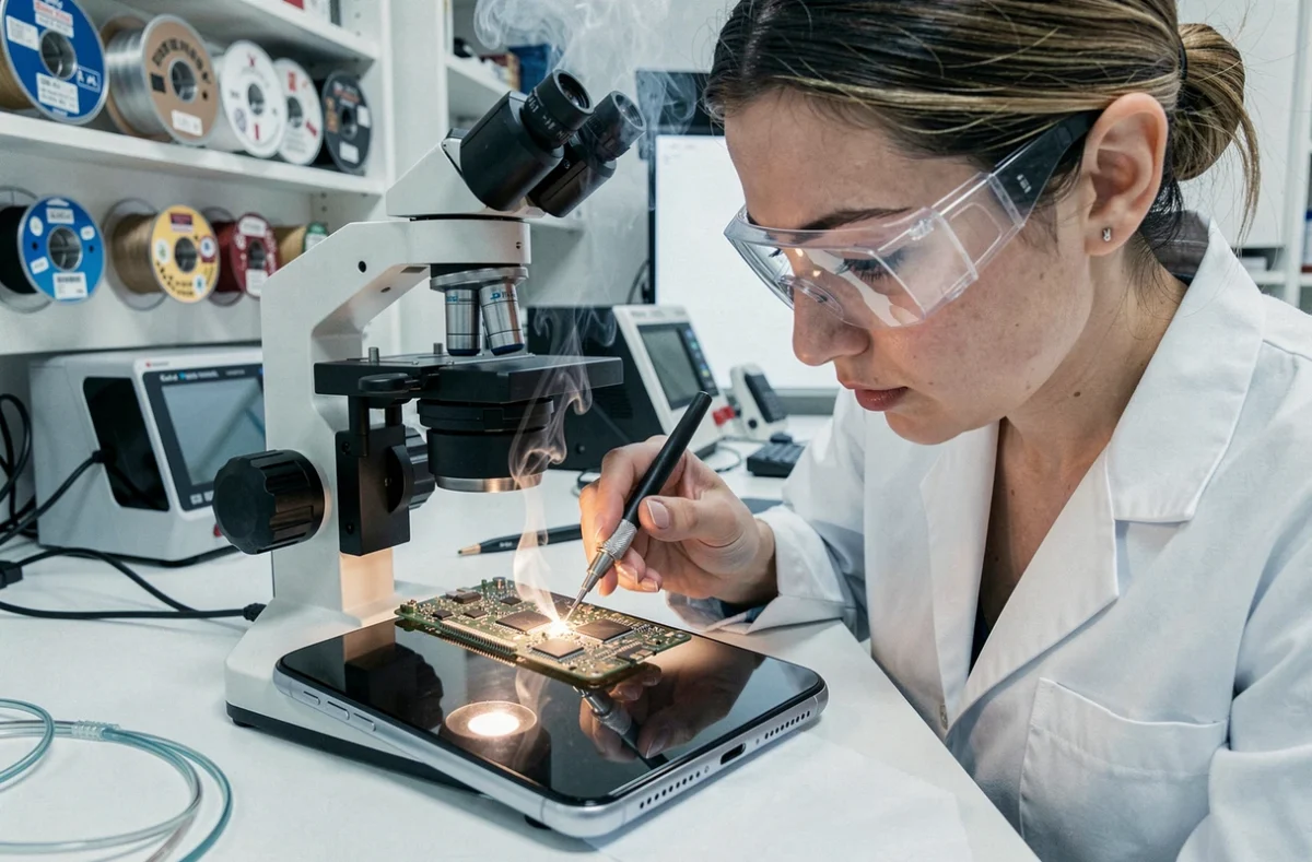Technicienne d'iFixMarseille réalisant une micro-soudure sur une carte mère de smartphone sous microscope