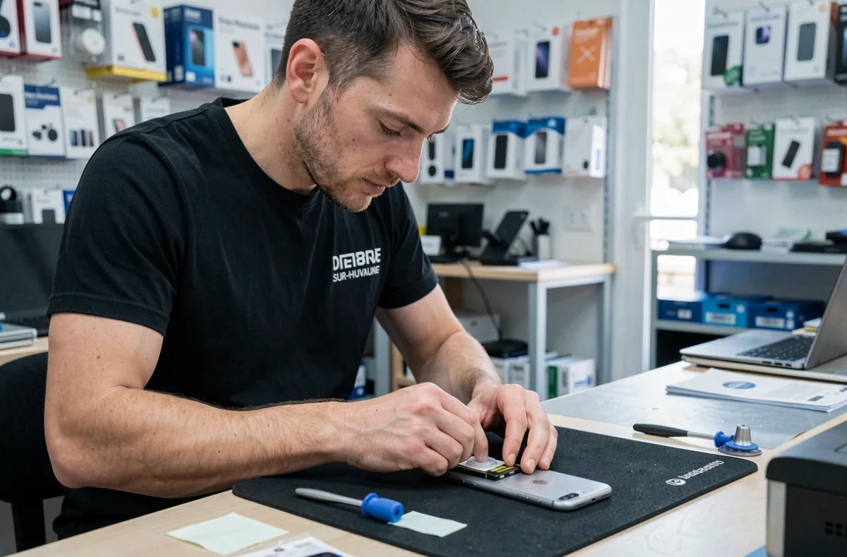 Technicien d'IMOB STORE remplaçant la batterie d'un iPhone dans son atelier de La Penne-sur-Huveaune