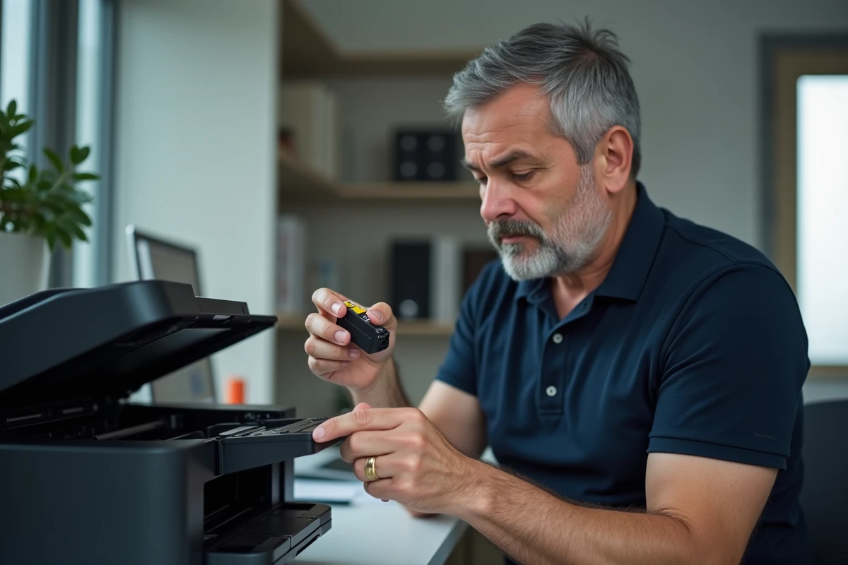Homme inspectant une cartouche d'encre Canon bloquée avant de la remplacer dans une imprimante