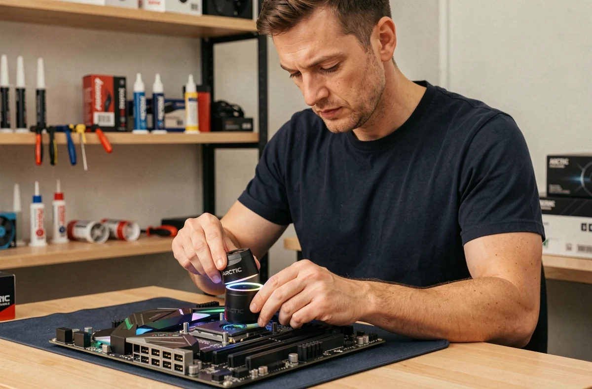 Technicien installant la tête de pompe du refroidisseur liquide ARCTIC Liquid Freezer III Pro 360 sur une carte mère dans un atelier PC professionnel