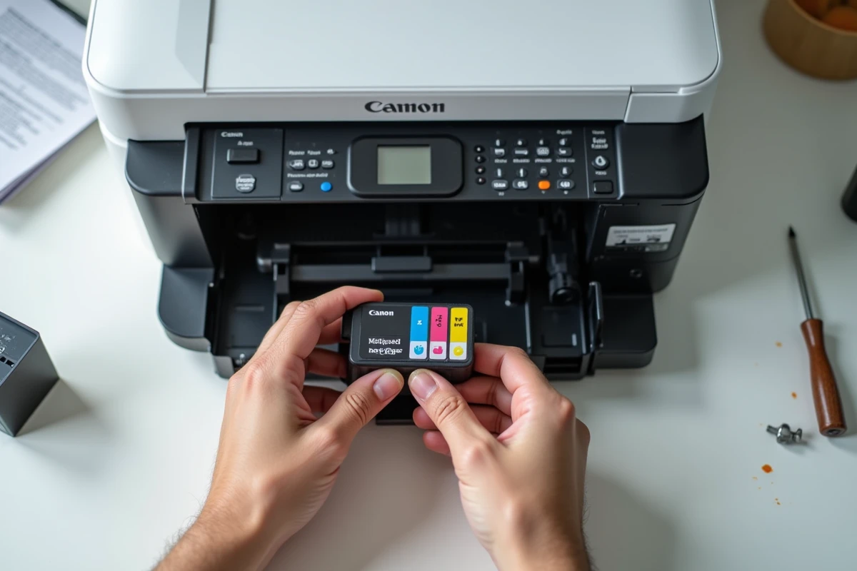 Gros plan sur l'installation d'une nouvelle cartouche d'encre noire dans une imprimante Canon ouverte