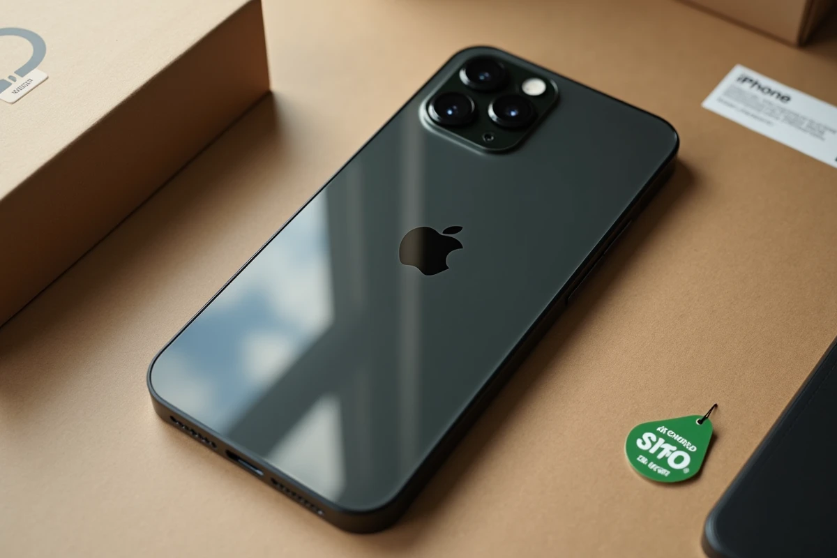 iPhone 14 Pro reconditionné en boîte avec étiquette de prix réduit sur fond carton recyclé