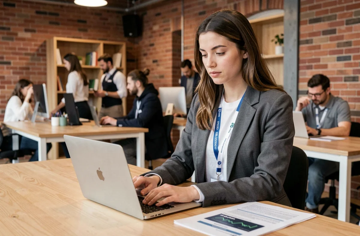 Consultante IT Izitek travaillant sur de la documentation cybersécurité dans un espace de co-working avec murs en briques