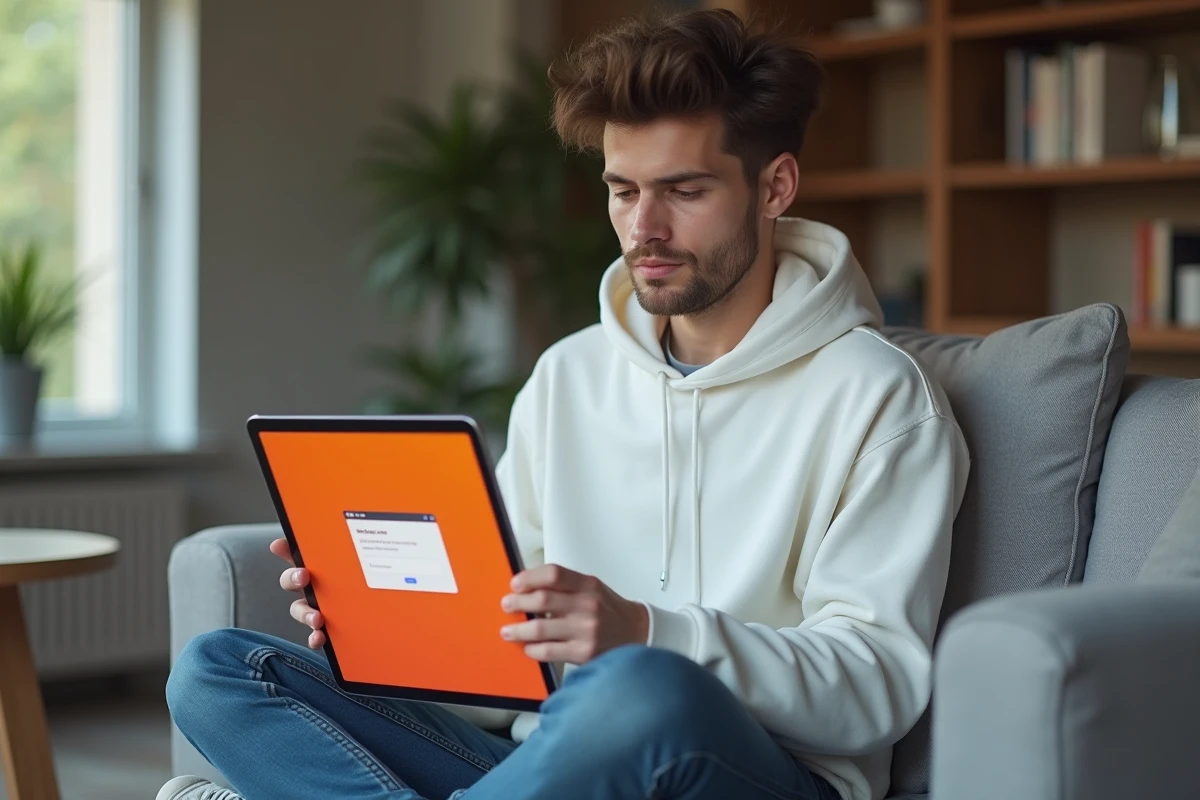 Jeune adulte assis sur un canapé consultant une tablette avec une erreur de chargement du portail Orange