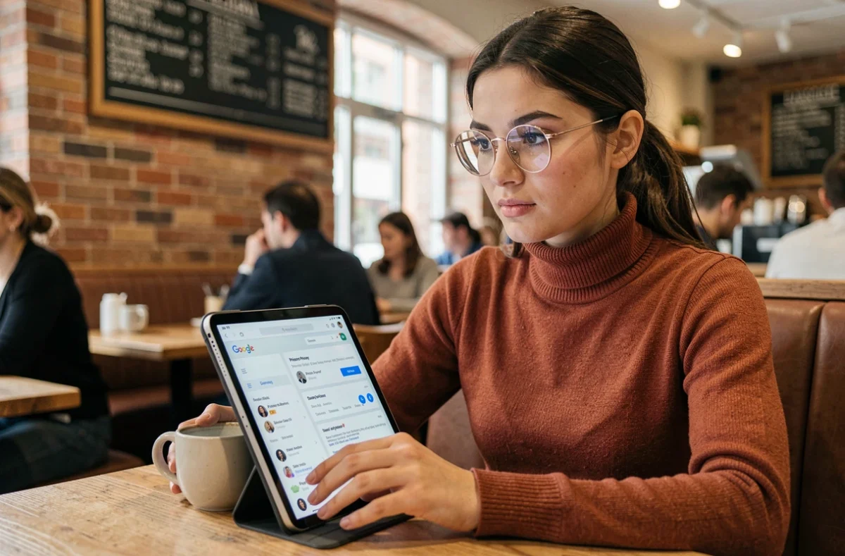 Jeune femme analysant l'historique de ses activités Google sur une tablette dans un café