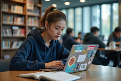 Jeune femme en hoodie bleu travaillant sur un laptop à la bibliothèque